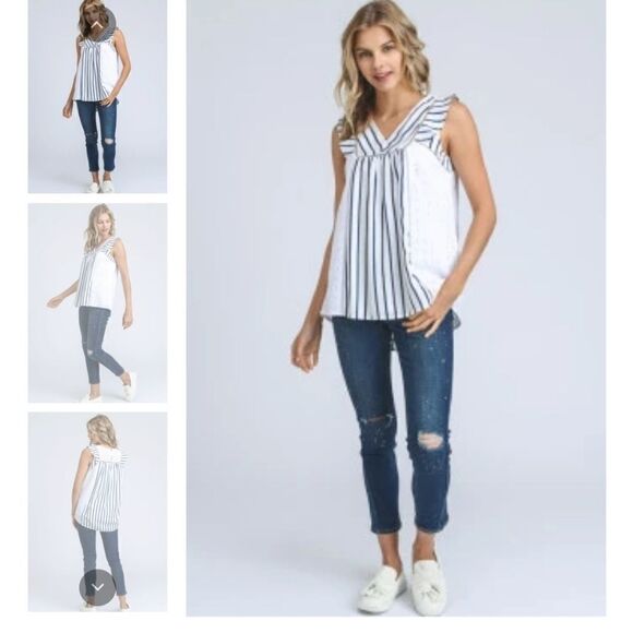 DOE + RAE SLEEVELESS STRIPED AND EMBROIDERED TOP. - Picture 1 of 8